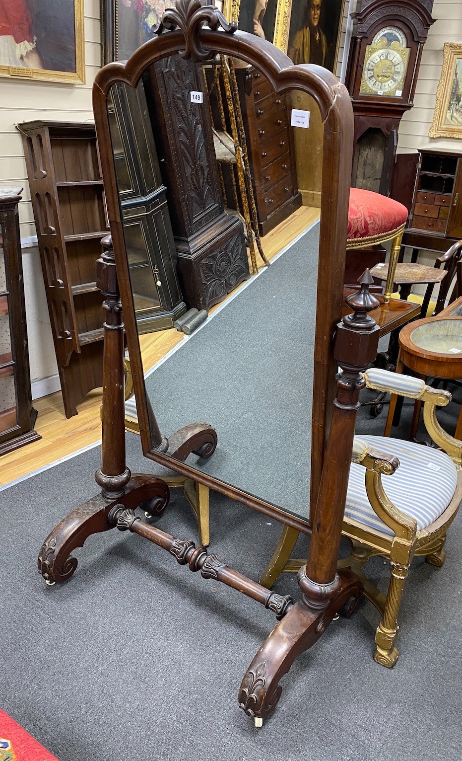 A Victorian mahogany cheval mirror, width 94cm, height 177cm